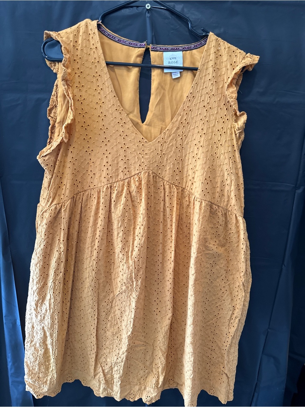 Knox Rose Mustard Eyelet V-Neck Ruffle Sleeve Mini Dress